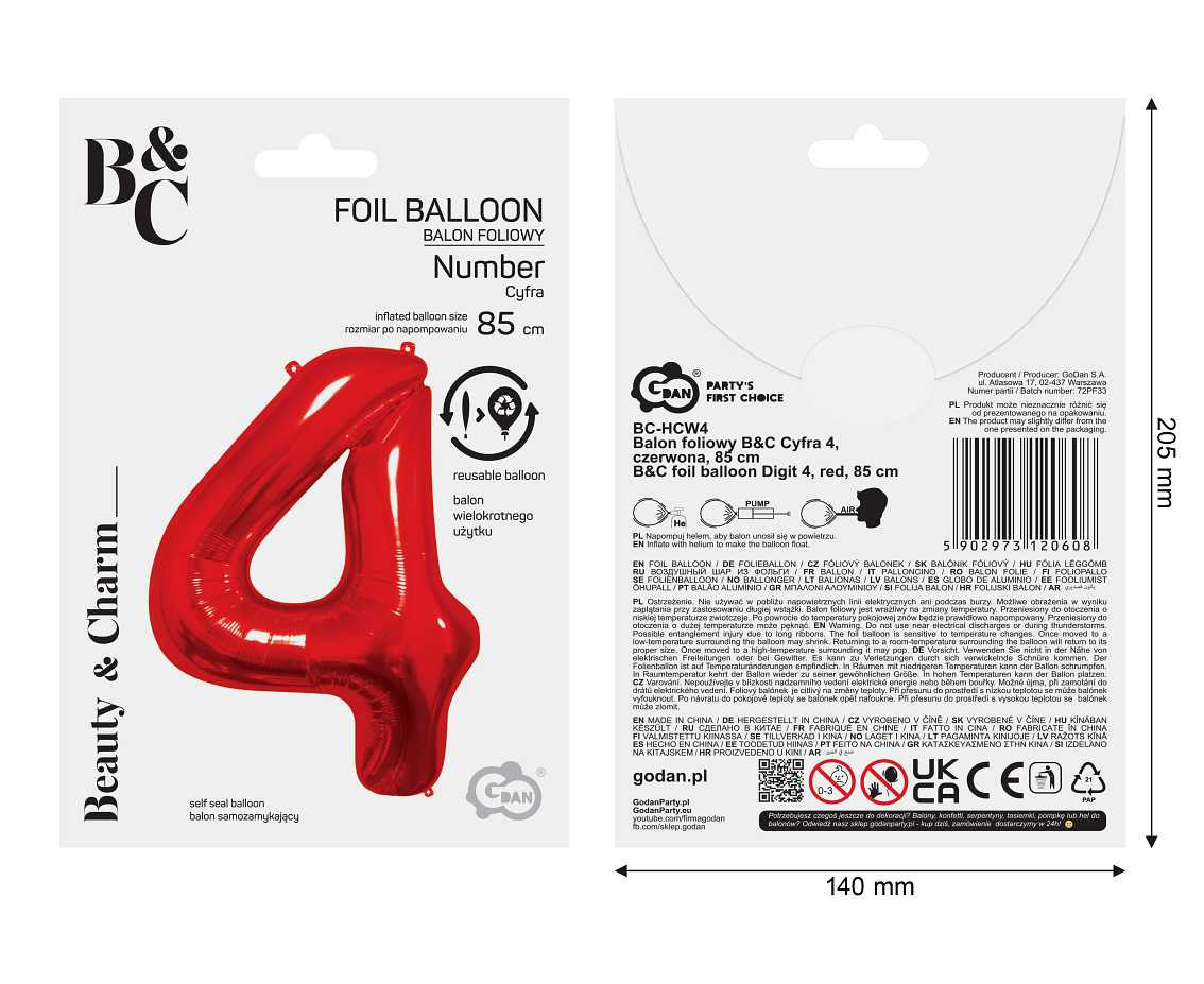 Foil balloon number 4, red, 85 cm